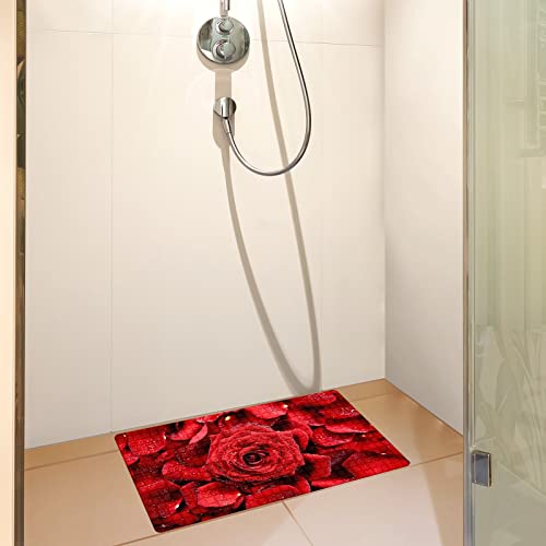 Bath Tub Mat Non Slip Shower Mat Romantic Red Rose Flower Lover Extra Long Bathtub Mat 26.8x15 inches Bathroom Bath Mat with Suction Cups Drain Holes Machine Washable - color: Romantic Red Rose Flower Lover