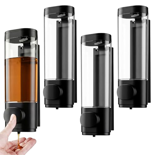 4 Pcs Manual Bathroom Wall Mounted Soap Dispenser, 300ml Black Kitchen Bathroom Commercial Shower Clear Refillable Soap Dispenser Clear Plastic Refillable Liquid Lotion Pump and Organizer - color: Black