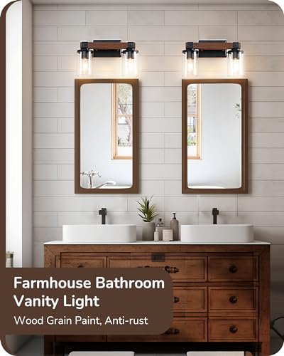 EDISHINE Farmhouse Vanity Lights for Bathroom, 2-Light Bathroom Vanity Light Fixtures Over Mirror, Painted Wood Bath Wall Sconces Lamp with Clear Glass Shade for Bedroom, Powder Room (Pack of 2) - size: 2-Light with Clear Glass Shade (Pack of 2)
