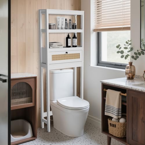 Over Toilet Storage Cabinet with Barn Door & Adjustable Shelves | 24 Inch Wide Bathroom Organizer, Space-Saving, Sturdy Wood, Anti-Tipping, Easy Assembly, for Restroom, Laundry, Small Spaces - color: White-black