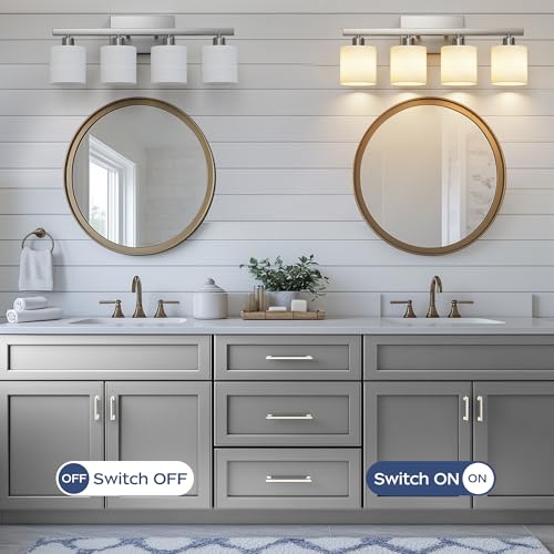 Bathroom Light Fixtures, Bathroom Lighting Fixtures Over Mirror, Classic Vanity Lights, Modern Vanity Light with Textured Frosted Opal White Glass Shades, Brushed Nickel, 4-Light - color: ‎Brushed Nickel, size: 4-Light