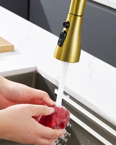 J-HVA Pull Down Kitchen Faucet Sprayer Head Replacement, Brushed Gold | 3 Function Pull Out Sink Sprayer Replacement Nozzle Part, Kitchen Faucet Head Hose Spray Tap Spout, 15 adapters - color: Brushed Gold