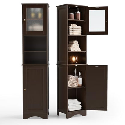 Gizoon Tall Bathroom Storage Cabinet | Freestanding Linen Cabinet with Two-Way Doors, Adjustable Shelves, for Home, Kitchen, Living Room, Dark Brown - color: Dark Brown