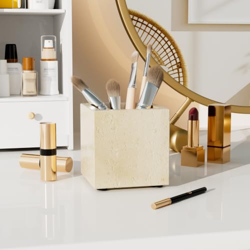 Marble Pen Holders with Natural Patterns,3.9x3.9x3.9in,Travertine | Makeup Brush Holders with Anti Slip Foot Pads, Rectangular Toothbrush Organizer,Natural Stone Utensil Container for Bathroom - color: Travertine