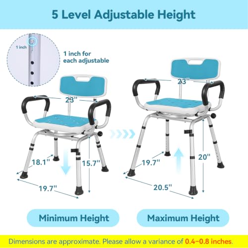 Swivel Shower Chair for Inside Shower, 400 lbs, Adjustable Height | Non-Slip Shower Stool with Removable Back and Arms, Lightweight Safety Bath Seat for Elderly and Disabled, Padded Arms - color: Powder Blue