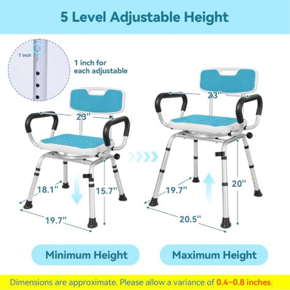 Swivel Shower Chair for Inside Shower, 400 lbs, Adjustable Height | Non-Slip Shower Stool with Removable Back and Arms, Lightweight Safety Bath Seat for Elderly and Disabled, Padded Arms - color: Powder Blue