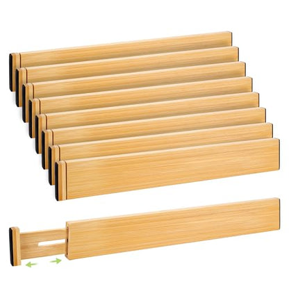 Fyvva Drawer Organizer, Spring-Loaded Expandable Bamboo Dividers 8-Pack | Large Kitchen Drawer Organizer, Adjustable 16.9 to 22.2 in, 2.3in High Non Slip for Kitchen Clothes Bathroom Office Natural - size: 8 Pack Large