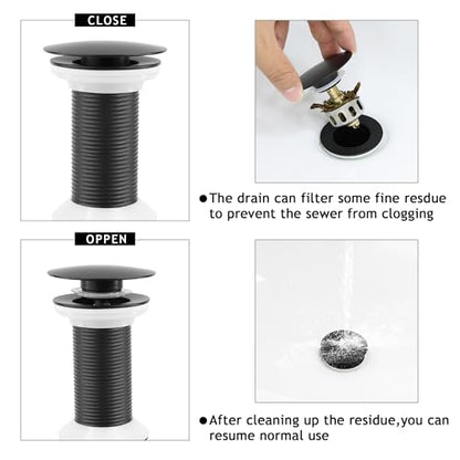 Bathroom Sink Drain,Drain Stopper Bathroom Sink Without Overflow,Pop Up Drain Assembly with Detachable Strainer Basket,Built-in Anti-Clogging, Stainless Steel Nut Mattle Black - color: Matte Black-big Cap, style: Without Overflow