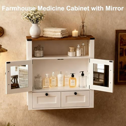 M METERXITY 23.6" W Farmhouse Bathroom Wall Cabinet with Mirror, Wall Mount | Over the Toilet Storage, Wooden Medicine Cabinet with Barn Doors, Space Saver, Kitchen, Laundry, Entrance,White Walnut