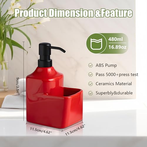 Gets Soap Dispenser Red Ceramic Pump Bottle with Storage Holder | Countertop Liquid Hand Wash Bottle with Organizer Tray for Bathroom, Kitchen, Refillable Modern Dispenser for Vanity Sink - size: Red With Sponge Holder