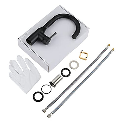 WOWOW Black Bathroom Faucet - Stainless Steel Single Handle Bar Sink High Arc Lavatory Mixer - Small Kitchen Tap With Supply Hoses - color: Black