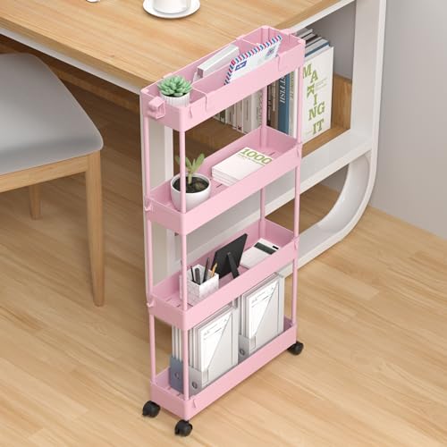 Slim Storage Cart 4 Tier,Bathroom Organizer Rolling Utility,Mobile Shelving Unit Slide Out for Office, Kitchen, Laundry Room & Narrow Places,Pink - color: Pink