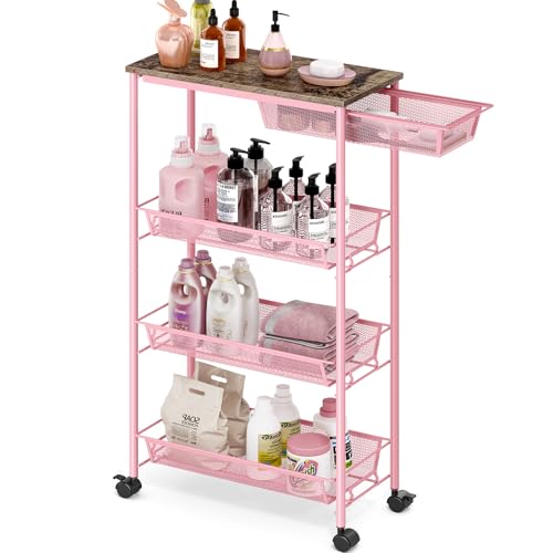 KINGRACK 4-Tier Slim Storage Cart, Metal Rolling Cart, Organizer with Wooden Tabletop and Drawer Basket, Mobile Shelving Unit for Kitchen, Bathroom, Laundry Room, Pink - color: Pink