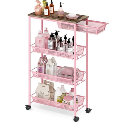 KINGRACK 4-Tier Slim Storage Cart, Metal Rolling Cart, Organizer with Wooden Tabletop and Drawer Basket, Mobile Shelving Unit for Kitchen, Bathroom, Laundry Room, Pink - color: Pink