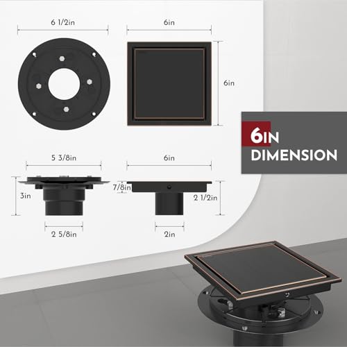 6 Inch Square Shower Drain Bronze Floor Drain with Flange Reversible 2-in-1 Cover Tile Insert Grate Removable SUS304 Stainless Steel CUPC Certified Oil Rubbed Bronze - color: Oil Rubbed Bronze, size: 6 Inch