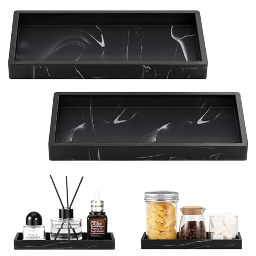Luxspire 2 Pack Silicone Bathroom Tray 7.9" Vanity Tray, Marble Black | Thick slip-proof silicone, dishwasher safe, waterproof, holds soap perfume jewelry for sink vanity decor - color: Marble Black, size: 7.87 × 3.94 × 0.79 in