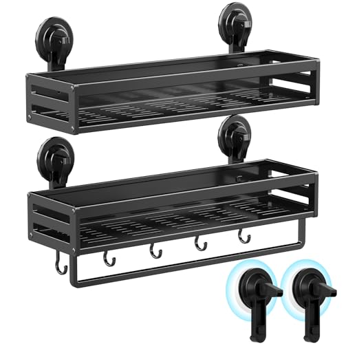 Suction Cup Shower Caddy with 5 Hooks & Towel Rrack 15.7inch Black | No Drilling Shower Organizer with Large Capacity, Rust-resistant Bathroom Organizer, With 2 Backup Suction Cups (2-Pack) - size: 15.7 inches(2-Pack Black )