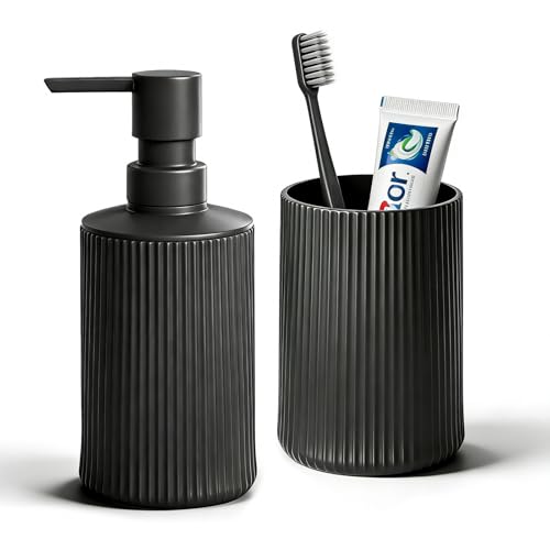 Bathroom Accessories Set Black Soap Dispenser Toothbrush Cup Set | Plastic Bathroom Set Accessories, 2-Piece Bathroom Counter Set for Modern Decor - size: Bath Set (2PC)
