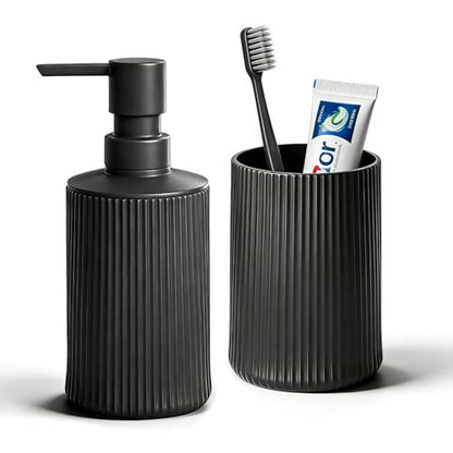 Bathroom Accessories Set Black Soap Dispenser Toothbrush Cup Set | Plastic Bathroom Set Accessories, 2-Piece Bathroom Counter Set for Modern Decor - size: Bath Set (2PC)