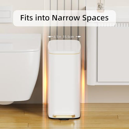 KSSKSS Small Bathroom Trash Can with Lid Soft Close, Step Pedal, 6L / 1.6 Gal Stainless Steel Garbage Bin with Removable Inner Bucket, Slim Wastebasket for Narrow Spaces (White) - color: White--P