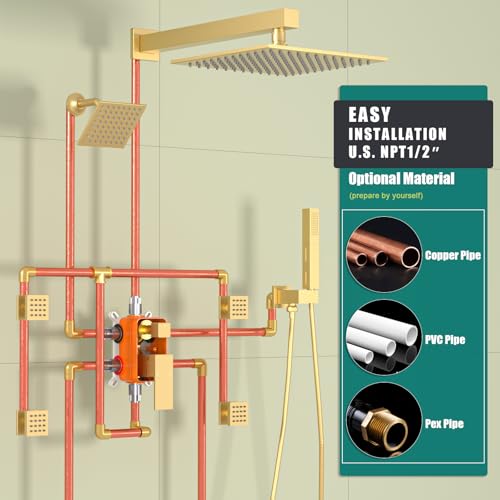 Enga Shower System with Body Jets, Dual Head 10 Inch Rain Shower Head with 6 Inch Showerhead, 4 Body Jets with 2 in 1 Handheld Spray, Brushed Gold - color: Brushed Gold, style: Wall-10"+6"+4Jets