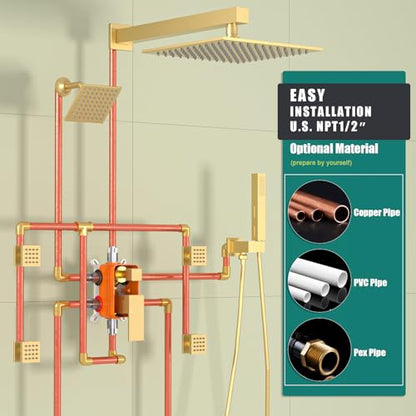 Enga Shower System with Body Jets, Dual Head 10 Inch Rain Shower Head with 6 Inch Showerhead, 4 Body Jets with 2 in 1 Handheld Spray, Brushed Gold - color: Brushed Gold, style: Wall-10"+6"+4Jets