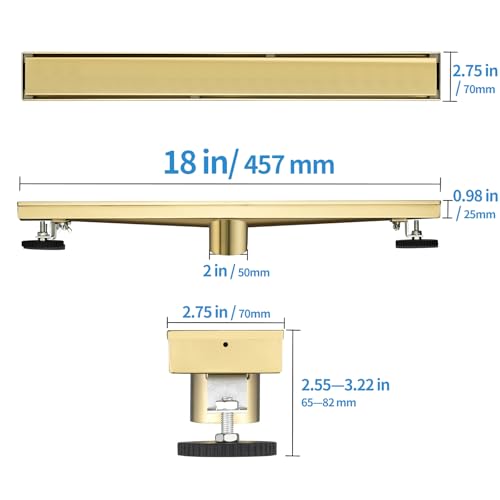 Linear Shower Drain ，with Tile Insert Panels ，18 Inch Brushed Gold 304 Stainless Steel Rectangle Shower Floor Drain，with Hair Catcher, Adjustable Feet - color: Brushed Gold, size: 18inch