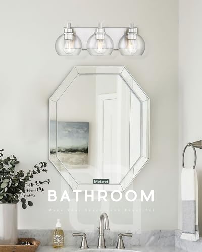 Bathroom Light Fixtures, 3-Light Brushed Nickel Vanity Light, Modern Wall Sconces with Globe Clear Glass Shade, Vanity Lighting Fixtures Over Mirror, VL195-BN-CL-3 | 18" modern bathroom light fixtures over mirror, E26 base, bulbs not included, VL195-BN-CL