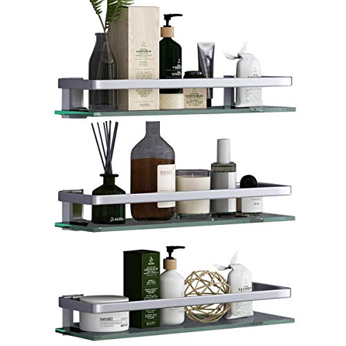 Bathroom Wall Shelf 15.7in Bathroom Glass Shelves Wall Mount Glass Shelf Rustproof Bathroom Wall Organizer 3 Tier (Sliver) - style: 3 tier without towel bar silver
