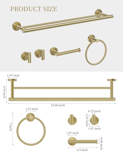 Brushed Gold Bathroom Hardware Accessories Set 5 pcs Towel Holder Bar Set | 24 inches Stainless Steel Towel Bar, Towel Racks for Bathroom Robe Towel Hooks Toilet Paper Holder Wall Mounted by BATHLAVISH - color: Brushed Gold