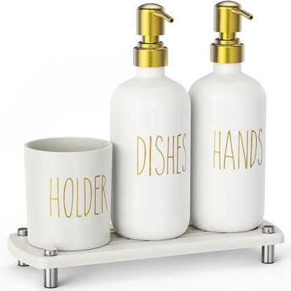 Cisily Kitchen Soap Dispenser Set Comes with Ceramics Sponge Holder, Gold Pumps, and Instant Dry Tray, Hand and Dish Soap Dispenser Set (4, Gold + White + Brush Holder) - color: Gold + White + Brush Holder