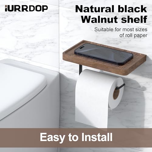 Toilet Paper Holder with Black Walnut Wood Shelf, Wall Mounted & Adhesive Mounted Wooden Shelf for Hanging Roll Tissue, Place Phone, Aromatherapy for Bathroom, Washroom - color: Walnut