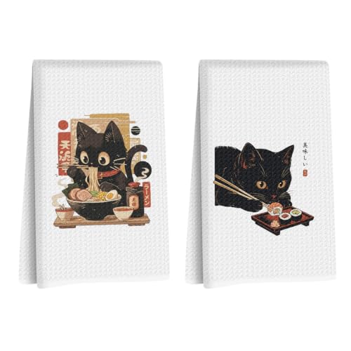 Funny Black Cat Kitchen Towels Set of 2, Sushi Cat Lover Gifts Dish Towel | Japanese Ramen Noodles Sushi Black Kitty Decorative Hand Towels, Reusable Waffle Absorbent Hand Tea Towel for Kitchen 14x24In - color: Japanese Ramen & Sushi Cat