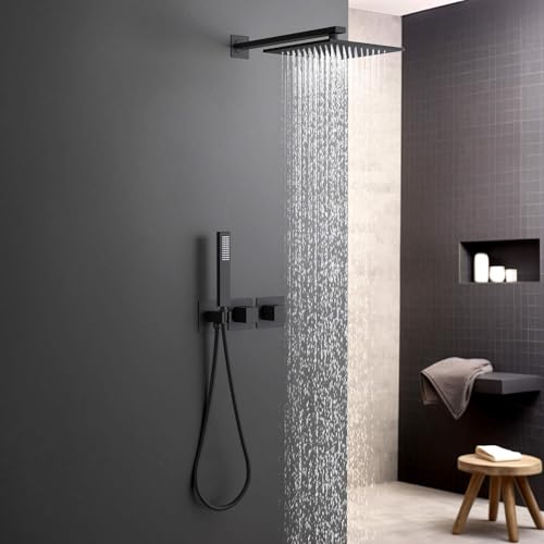 KIBI Cube Thermostatic Bathroom Shower System – 2-Function Wall Mounted Shower Set with Rough-In Valve, Modern Mate Black, Durable Rust-Resistant Bathroom Shower Faucet Kit - color: Matte Black