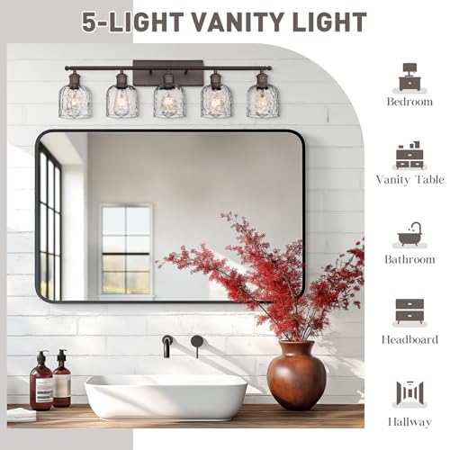 zeyu 35 Inch Farmhouse Bathroom Lighting Fixture, 5-Light Bathroom Vanity Light, Oil Rubbed Bronze Finish with Clear Hammered Glass, ZJF63B-5W ORB - color: Oil Rubbed Bronze|Hammered Glass, size: 5-Light