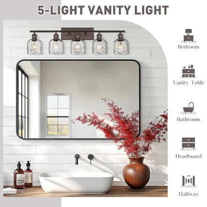 zeyu 35 Inch Farmhouse Bathroom Lighting Fixture, 5-Light Bathroom Vanity Light, Oil Rubbed Bronze Finish with Clear Hammered Glass, ZJF63B-5W ORB - color: Oil Rubbed Bronze|Hammered Glass, size: 5-Light