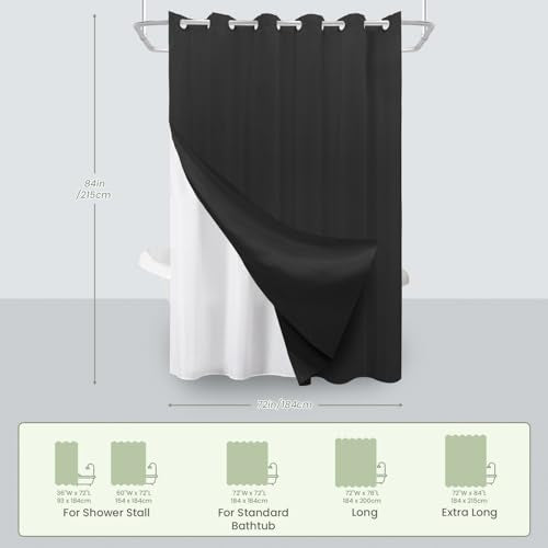Inhousolu No Hook Shower Curtain with Removable Snap-in Liner, Waffle Weave 230 GSM Polyester, Weighted Hem, Water Repellent Washable, 72 x 84 Inch, Black - color: Black, size: 72"W x 84"L (Pack of 1)