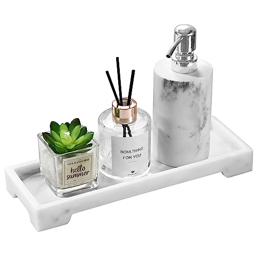 Luxspire Marble Tray for Soap Dispenser Perfume Jewelry, S, Marble White | 11 x 4 inch, non-slip waterproof resin, easy wipe clean, fits bath kitchen vanity, holds jewelry toiletries soap - color: B - White Marble, style: Small