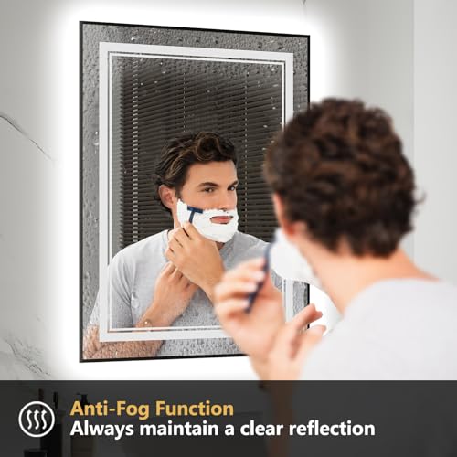 24"x36" Black LED Bathroom Mirror with Lights, Front and Back Light | Dual Light Strips,Thin Frame, Fogless, Dimmable, 3 Color Changing, Shatterproof, Touch Sensor, Horizontal/Vertical,Industrial