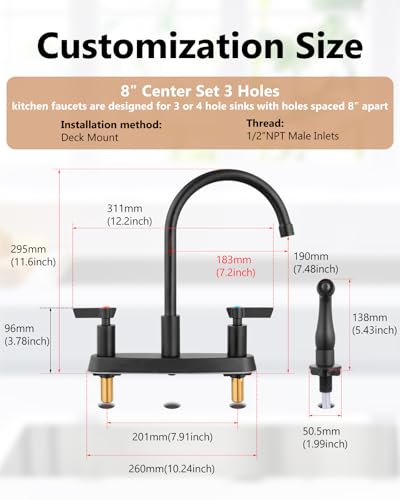 Kitchen Faucet with Side Sprayer, 8 Inch Centerset 4-Hole Black | Lead-Free 4-Hole High Arc Kitchen Sink Faucet, 1.8 GPM, 360° Spout - color: Black