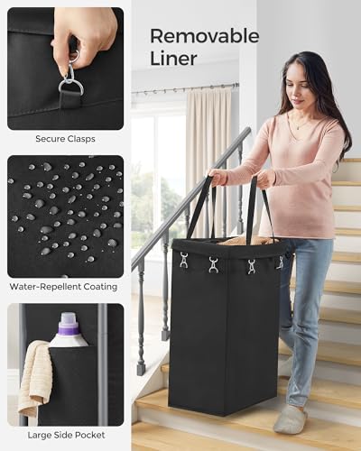 SONGMICS Laundry Basket with Wheels, Rolling Laundry Hamper, 23.8 Gallons (90 L), Removable Liner, Steel Frame with Handle, 24 x 11.4 x 31.9 Inches, Ink Black URLS003B01 - color: Ink Black, size: 90 L (1-Section)
