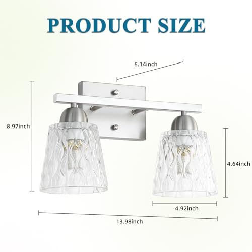 Mecgirn Stainless Steel Bathroom Vanity Light Over Mirror, 2 Light Brushed Nickel Bathroom Light Fixtures with Textured Glass Shades, Modern Vanity Lighting Wall Mount - color: Brushed Nickel, size: 2 Light