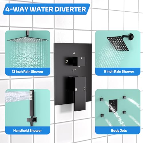 Enga Dual Shower Head Shower System with Body Jets, 12" Ceiling Mounted Rain Shower Head & 6" Wall Mounted Head Full Body Rainfall Shower Faucet with Valve Kit, Matte Black - color: Matte Black, style: Ceiling-12"+6"+Jets