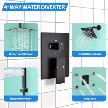 Enga Dual Shower Head Shower System with Body Jets, 12" Ceiling Mounted Rain Shower Head & 6" Wall Mounted Head Full Body Rainfall Shower Faucet with Valve Kit, Matte Black - color: Matte Black, style: Ceiling-12"+6"+Jets