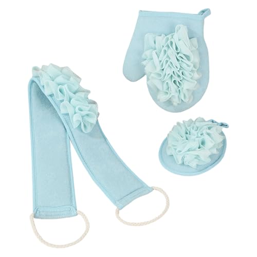 Triple Bath Scrub Set with Extended Back Scrubber Cleans Exfoliator Soft Washcloth Spa Grade Bathroom Essential Bath Scrubber Set - color: Blue