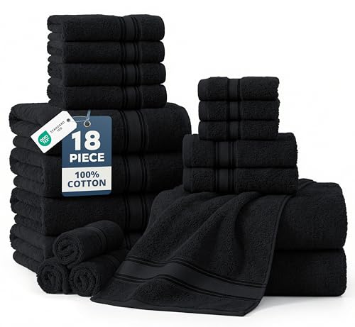 LANE LINEN Large Bath Towel Set Absorbent Quick Dry 100% Cotton - Black | Cotton Towels - Fade-Resistant Color, Classic Terry Weave, Densely Woven, Coordinated Colors, Everyday Durability - color: 04: Black, size: 18 Piece Towel Set