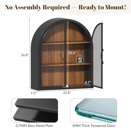 Arched Wall Cabinet with Clear Glass Door, NO Assembly | Metal Frame, 12MM Wooden Shelves, Handcrafted Arched Design, 40-lb per Tier, 5MM Tempered Glass, for Bathroom Wall Medicine - style: 2 Clear Glass Doors - Style 2