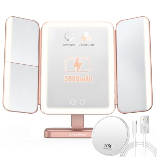 EASEHOLD Rechargable Makeup Mirror Vanity Mirror with Lights, 5000Mah & USB Cable, 112 LEDs Lighted Trifold Mirror with 1X 2X 3X 10X Magnification, Smart Touch, Portable Cosmetic Beauty Mirror - color: Rose Gold-rechargeable-5000 Mah