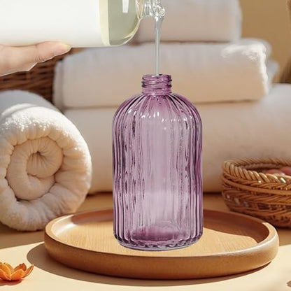 14Oz Purple Glass Soap Dispenser Bathroom, Stainless Steel Pump, Stripe | Clear Glass Liquid Hand Soap Dispensers, Refillable Dish Soap Dispenser for Kitchen, Countertop Soap Dispensers - color: Purple