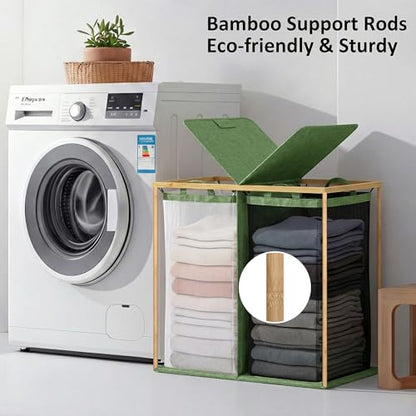 efluky Laundry Hamper with Lid, Double Laundry Basket with 2 Removable Bags, 2 Section Laundry Bin with Bamboo Handles for Bathroom, Bedroom & Laundry Room, 140L (36.9 Gallon) Sage Green - color: Sage Green, size: 140L Dual